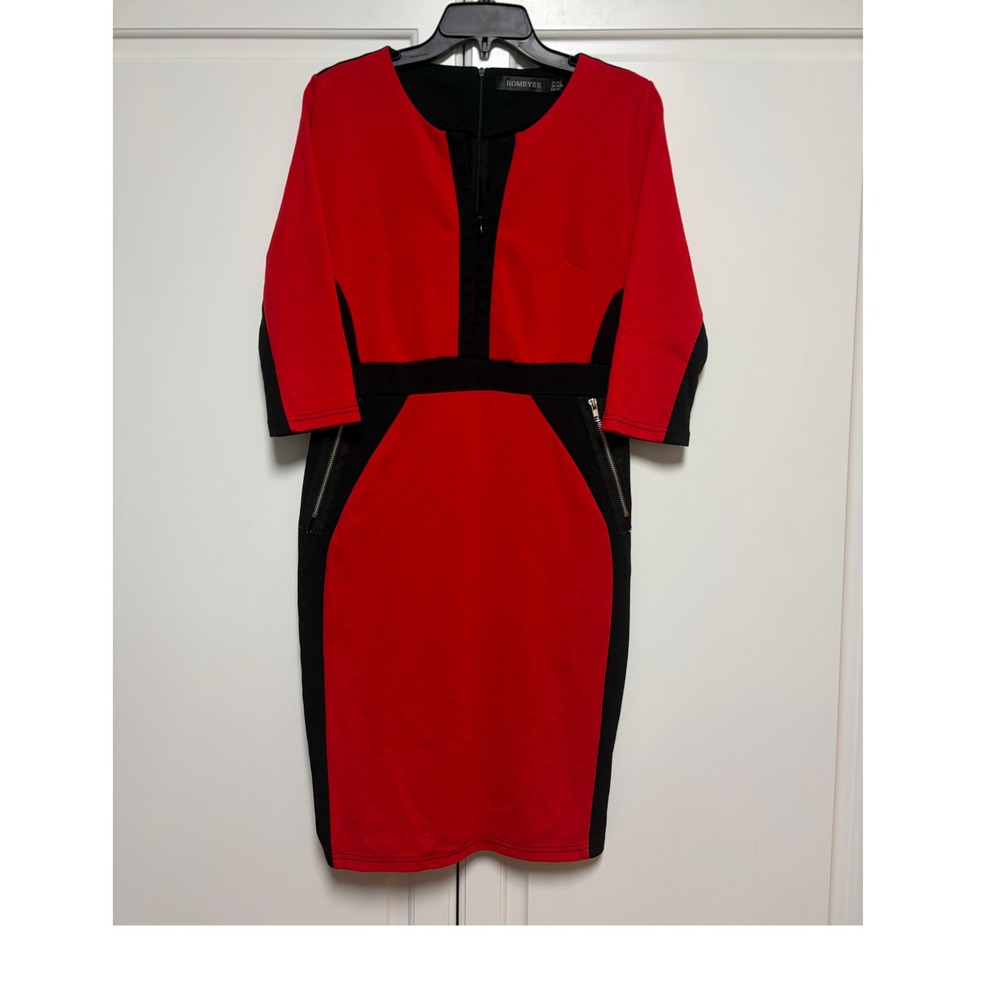 Homeyee Women's Red Black Colorblock Pencil Sheath Dress Weather‎ Lady Sz 10
